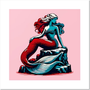 Mermaid sitting on a stone Posters and Art